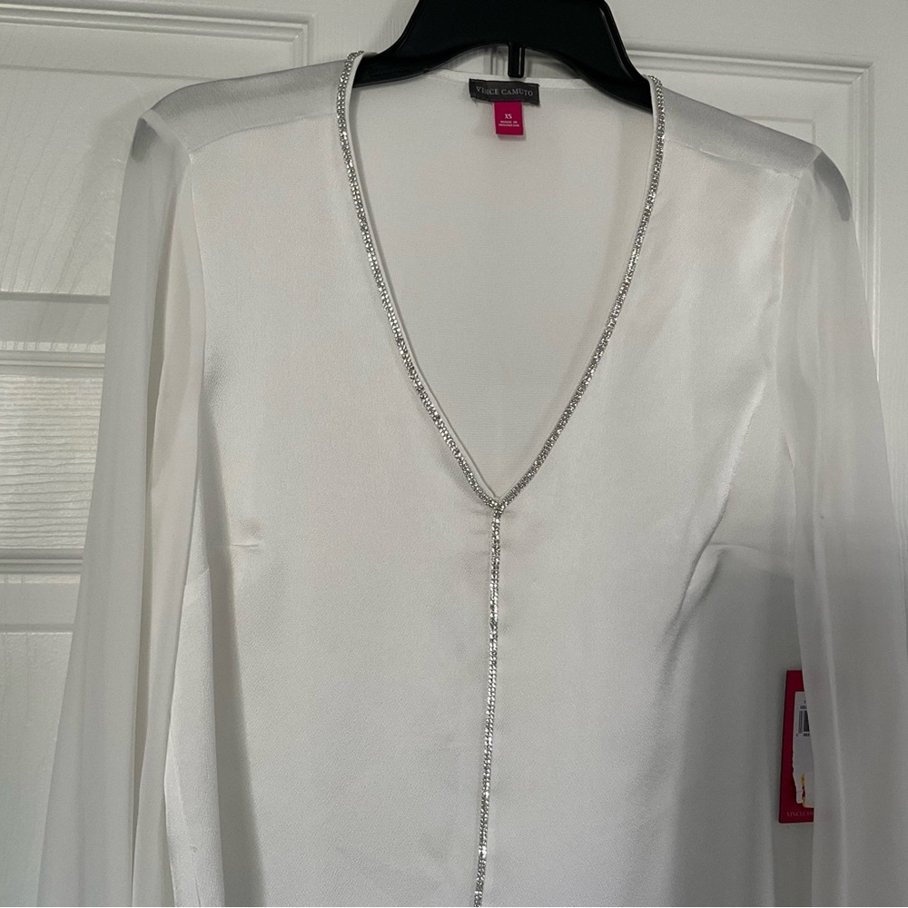 Vince Camuto White V-Neck Long Sleeve Blouse with Rhinestone Trim